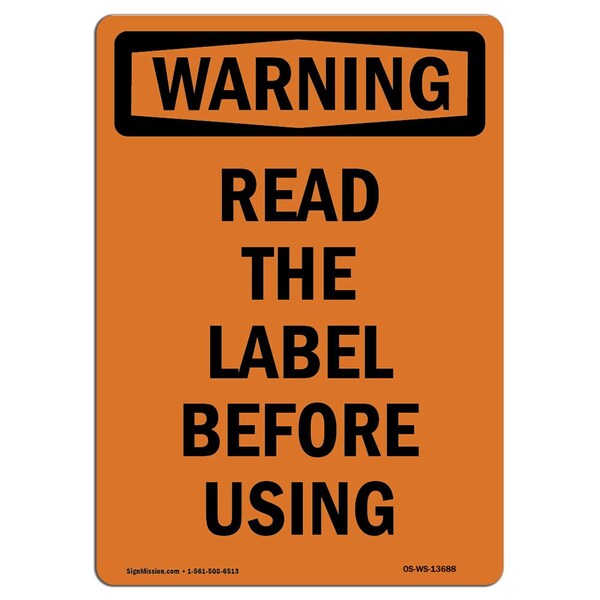 OSHA WARNING Sign, Read Label Before Using, 5in X 3.5in Decal, 10PK, 3.5" W, 5" L, Portrait, PK10